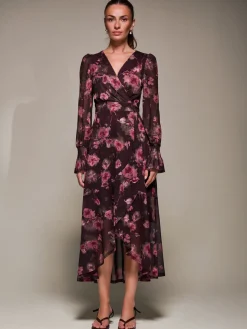 Ruffle Cuffed Sleeve Frill Mesh Maxi Dress, Burgundy Floral