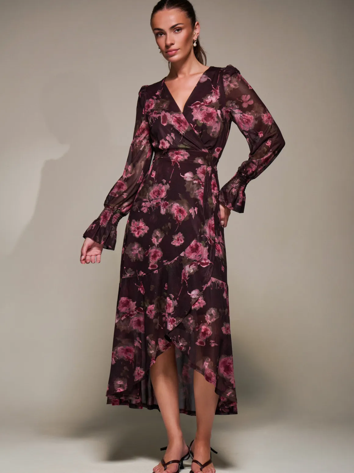 Ruffle Cuffed Sleeve Frill Mesh Maxi Dress, Burgundy Floral