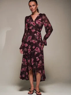 Ruffle Cuffed Sleeve Frill Mesh Maxi Dress, Burgundy Floral