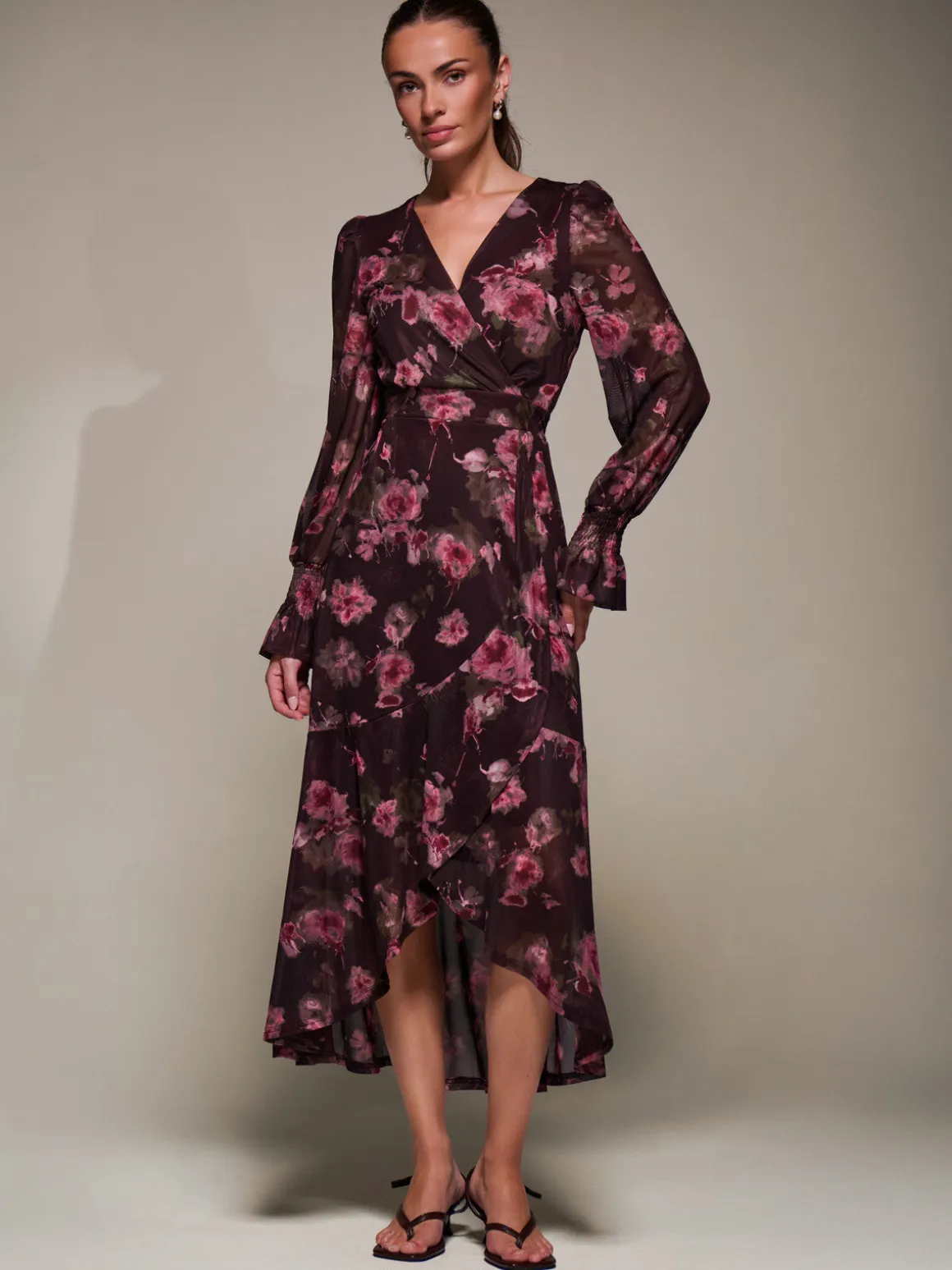 Ruffle Cuffed Sleeve Frill Mesh Maxi Dress, Burgundy Floral