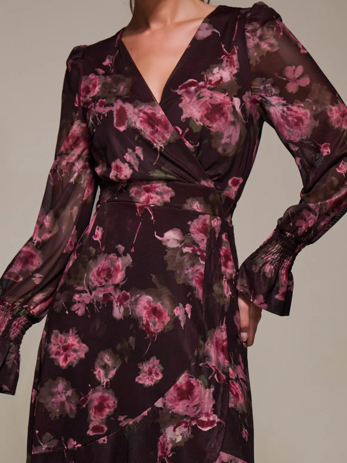 Ruffle Cuffed Sleeve Frill Mesh Maxi Dress, Burgundy Floral