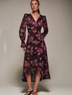 Ruffle Cuffed Sleeve Frill Mesh Maxi Dress, Burgundy Floral
