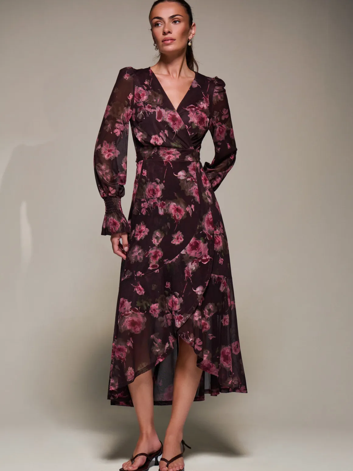 Ruffle Cuffed Sleeve Frill Mesh Maxi Dress, Burgundy Floral