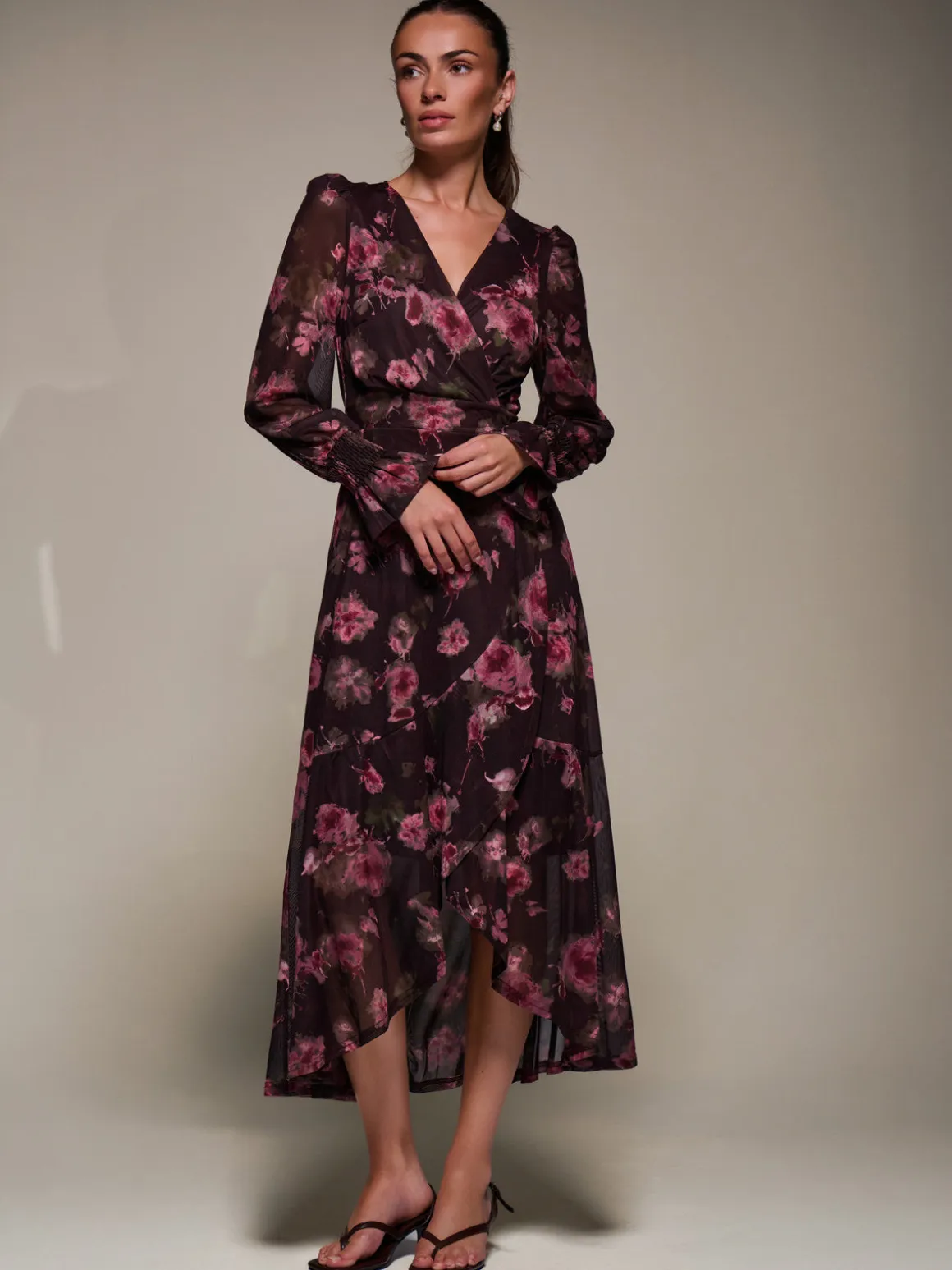 Ruffle Cuffed Sleeve Frill Mesh Maxi Dress, Burgundy Floral