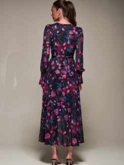 Ruffle Cuffed Sleeve Frill Mesh Maxi Dress, Pink Floral