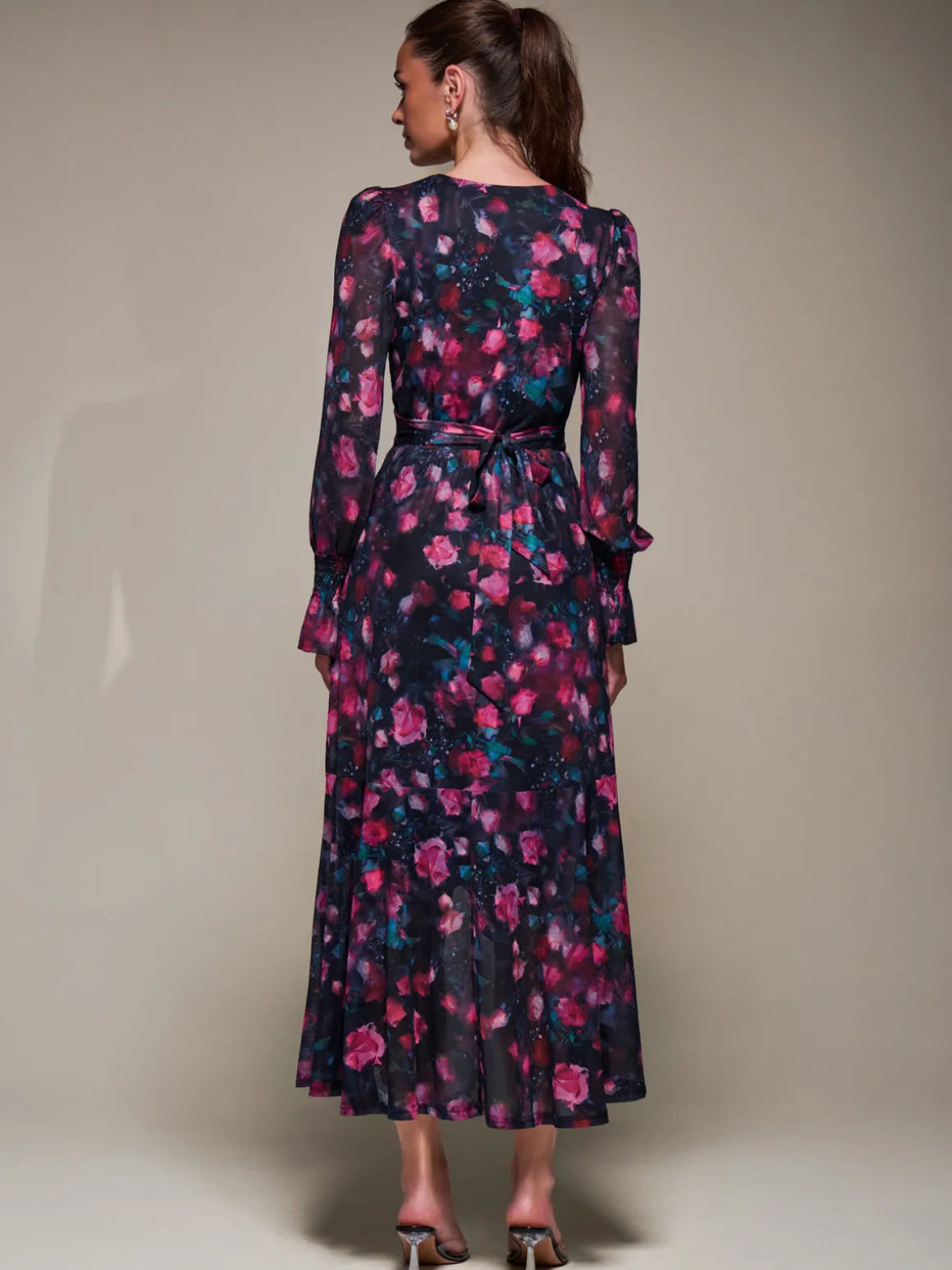 Ruffle Cuffed Sleeve Frill Mesh Maxi Dress, Pink Floral