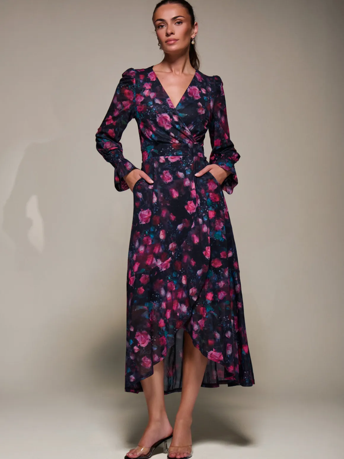Ruffle Cuffed Sleeve Frill Mesh Maxi Dress, Pink Floral