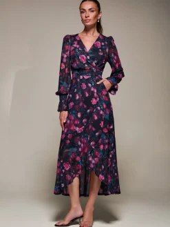 Ruffle Cuffed Sleeve Frill Mesh Maxi Dress, Pink Floral