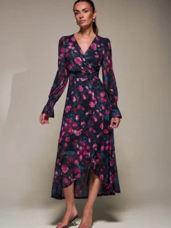 Ruffle Cuffed Sleeve Frill Mesh Maxi Dress, Pink Floral