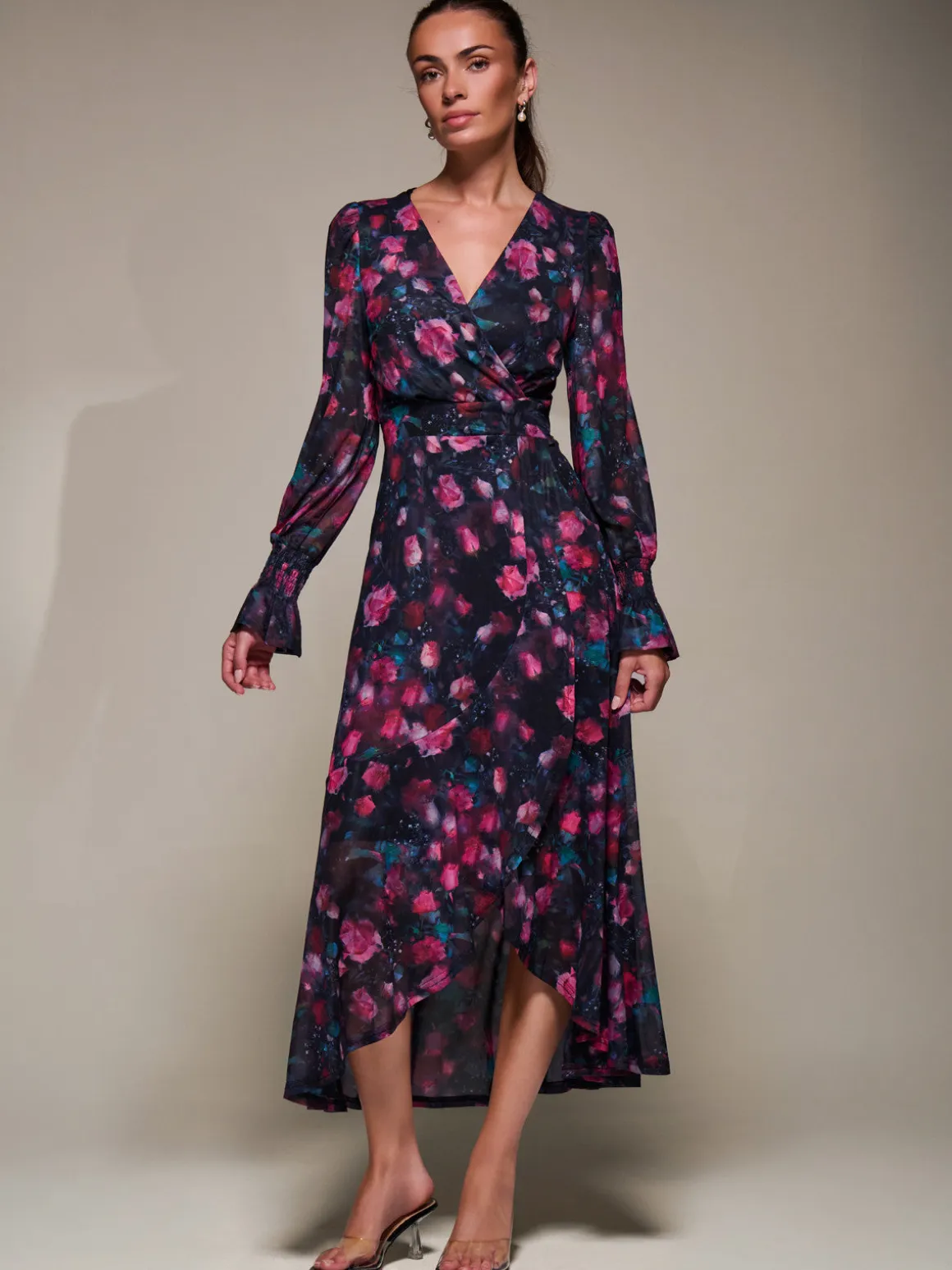 Ruffle Cuffed Sleeve Frill Mesh Maxi Dress, Pink Floral