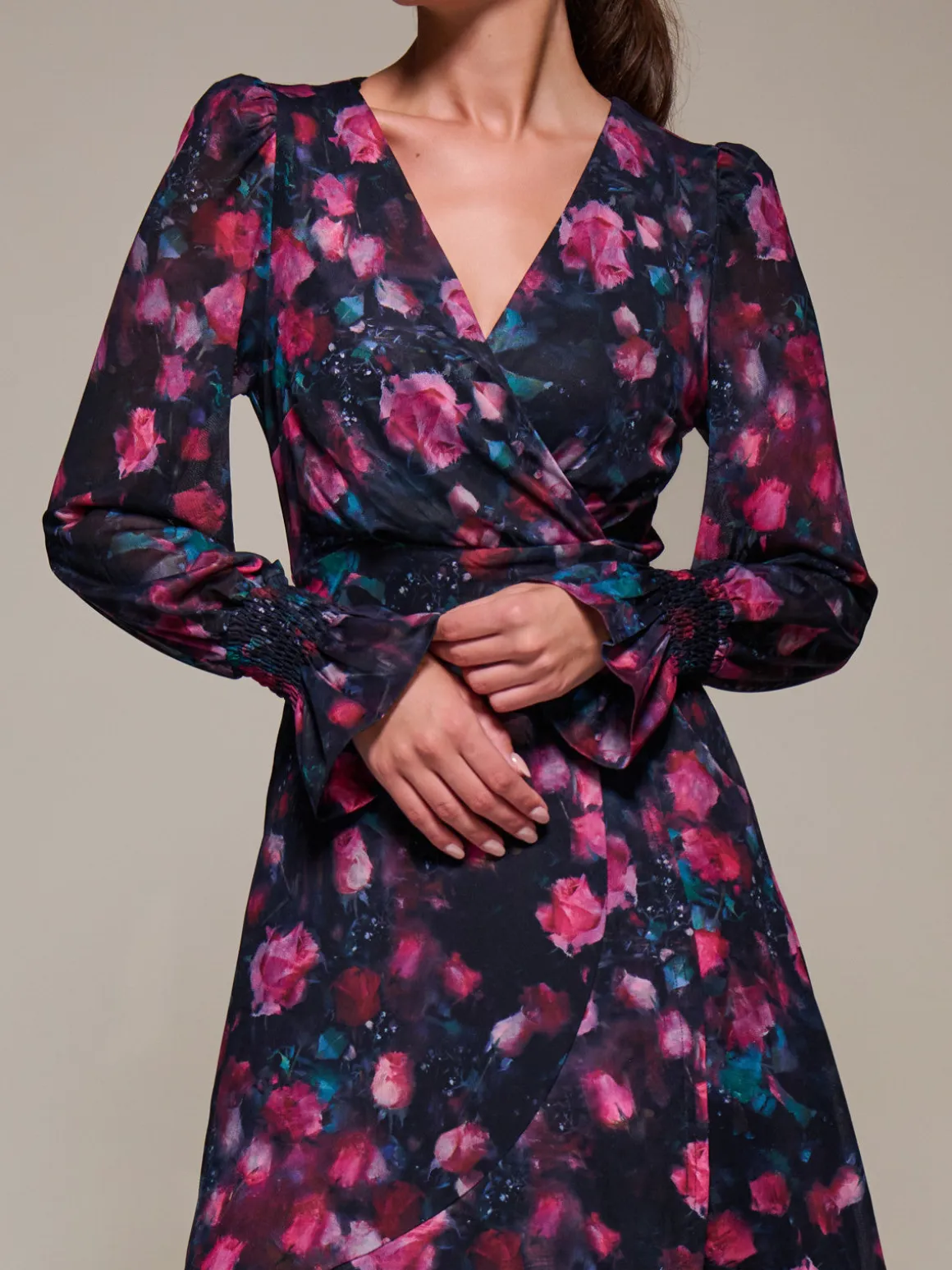 Ruffle Cuffed Sleeve Frill Mesh Maxi Dress, Pink Floral
