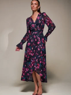 Ruffle Cuffed Sleeve Frill Mesh Maxi Dress, Pink Floral