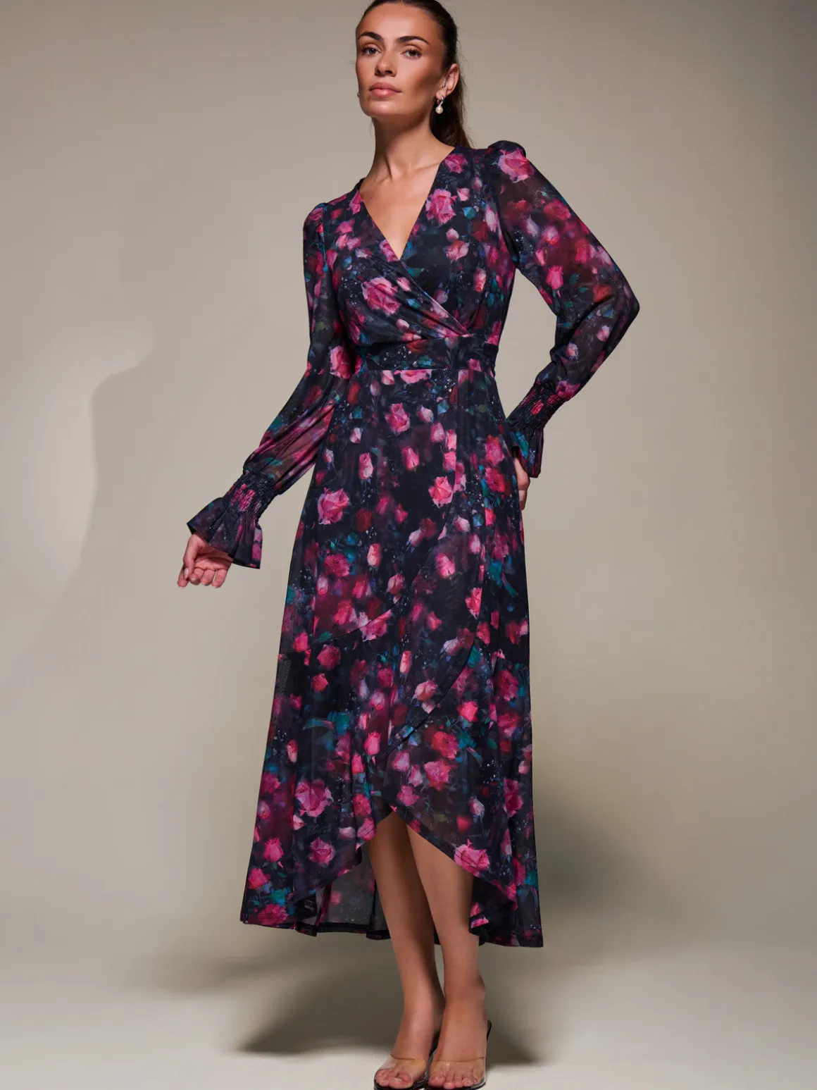 Ruffle Cuffed Sleeve Frill Mesh Maxi Dress, Pink Floral