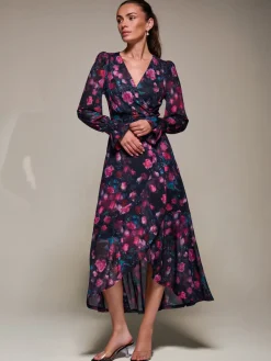 Ruffle Cuffed Sleeve Frill Mesh Maxi Dress, Pink Floral
