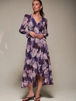 Ruffle Cuffed Sleeve Frill Mesh Maxi Dress, Purple Floral