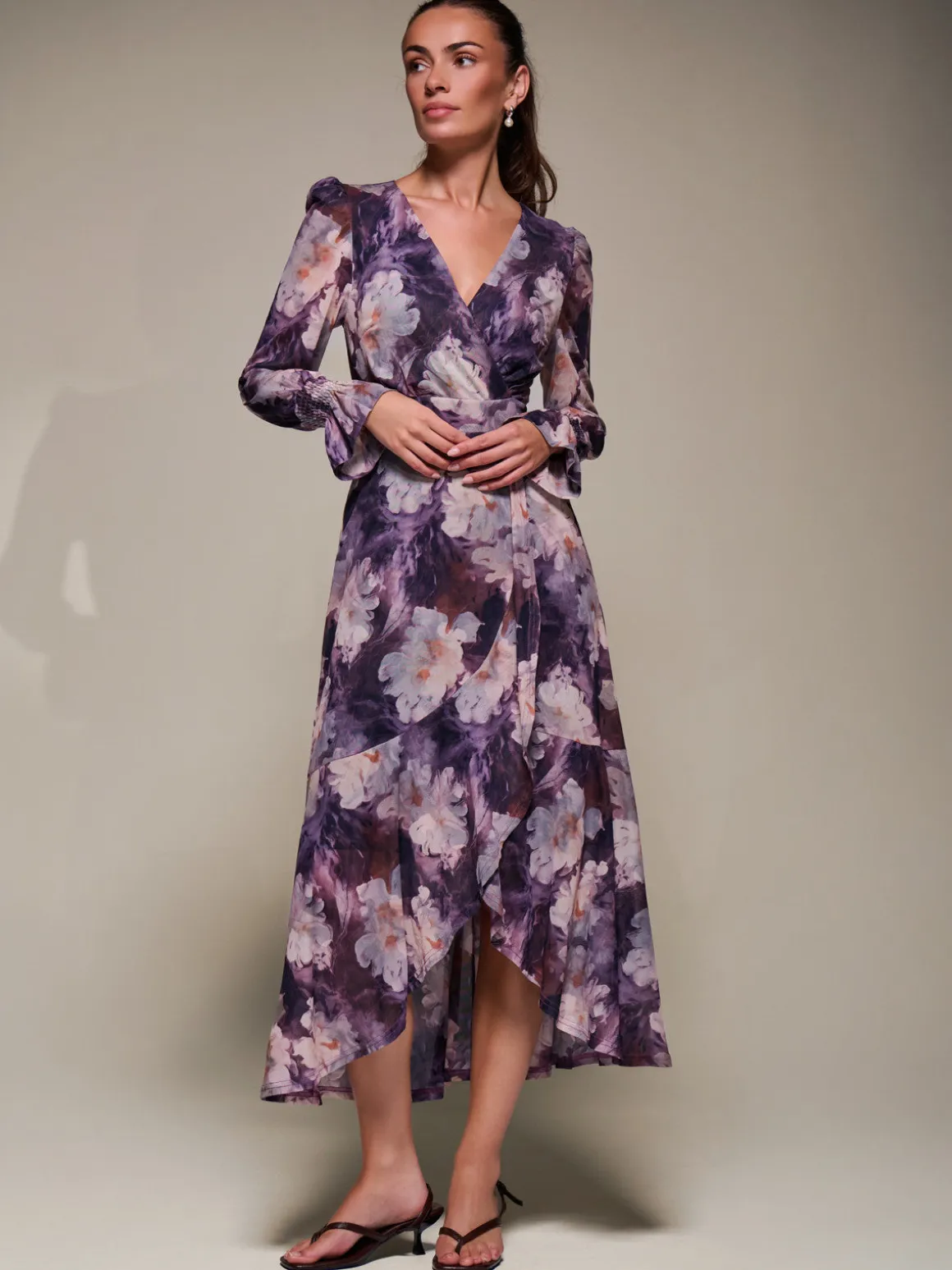 Ruffle Cuffed Sleeve Frill Mesh Maxi Dress, Purple Floral