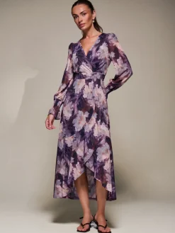 Ruffle Cuffed Sleeve Frill Mesh Maxi Dress, Purple Floral
