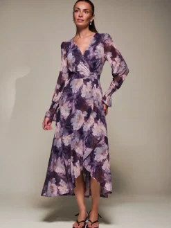Ruffle Cuffed Sleeve Frill Mesh Maxi Dress, Purple Floral