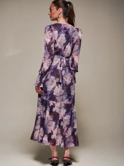 Ruffle Cuffed Sleeve Frill Mesh Maxi Dress, Purple Floral