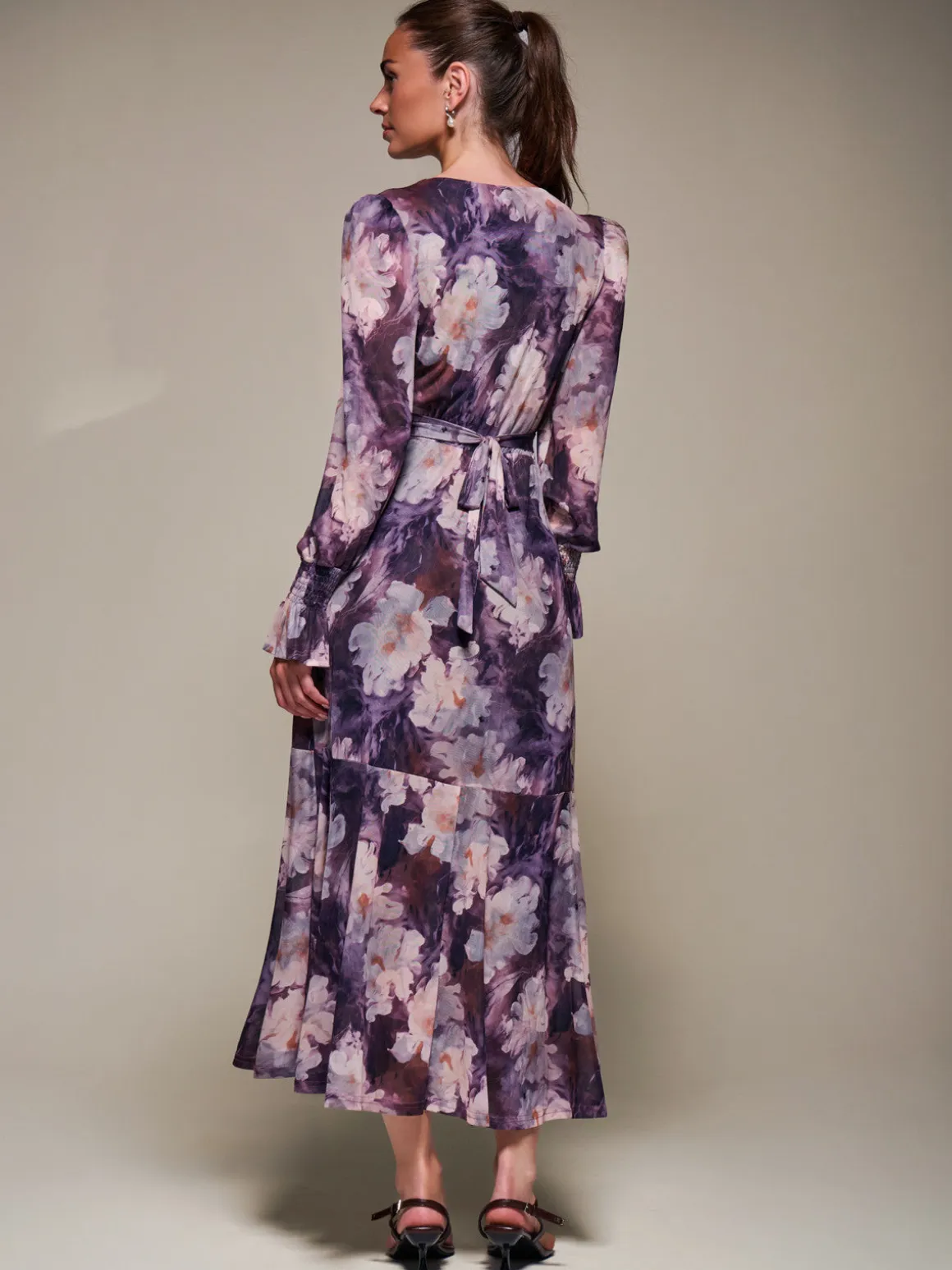 Ruffle Cuffed Sleeve Frill Mesh Maxi Dress, Purple Floral