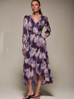 Ruffle Cuffed Sleeve Frill Mesh Maxi Dress, Purple Floral