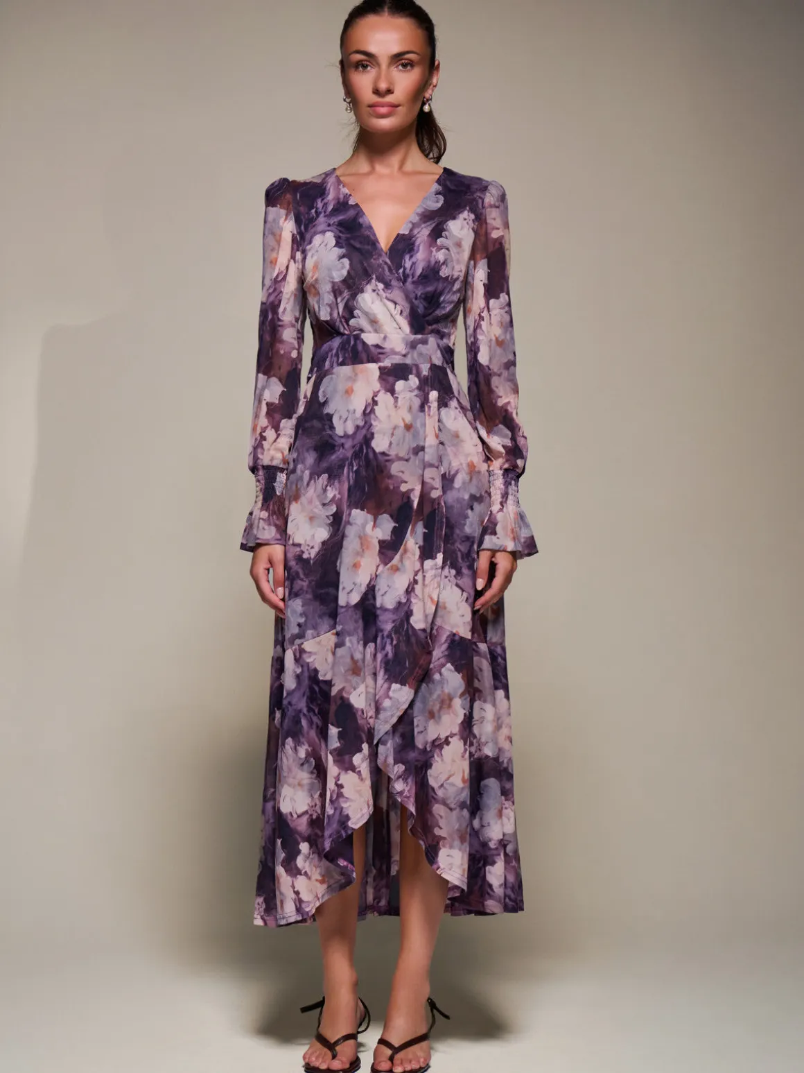 Ruffle Cuffed Sleeve Frill Mesh Maxi Dress, Purple Floral
