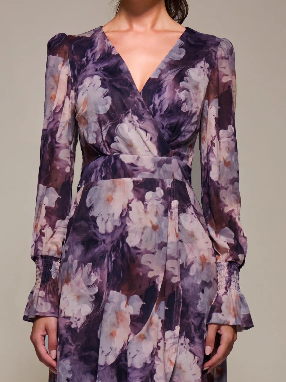 Ruffle Cuffed Sleeve Frill Mesh Maxi Dress, Purple Floral