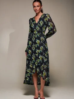 Ruffle Cuffed Sleeve Frill Mesh Maxi Dress, Yellow Floral