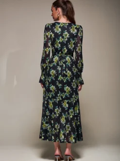 Ruffle Cuffed Sleeve Frill Mesh Maxi Dress, Yellow Floral