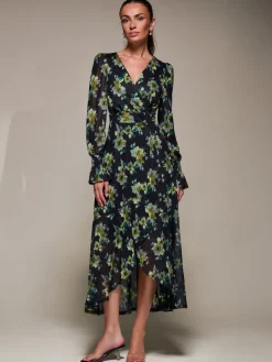 Ruffle Cuffed Sleeve Frill Mesh Maxi Dress, Yellow Floral