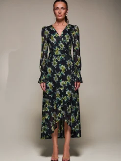 Ruffle Cuffed Sleeve Frill Mesh Maxi Dress, Yellow Floral