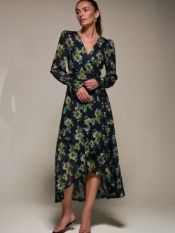 Ruffle Cuffed Sleeve Frill Mesh Maxi Dress, Yellow Floral