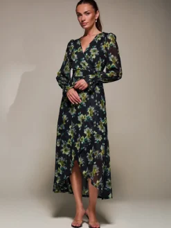 Ruffle Cuffed Sleeve Frill Mesh Maxi Dress, Yellow Floral
