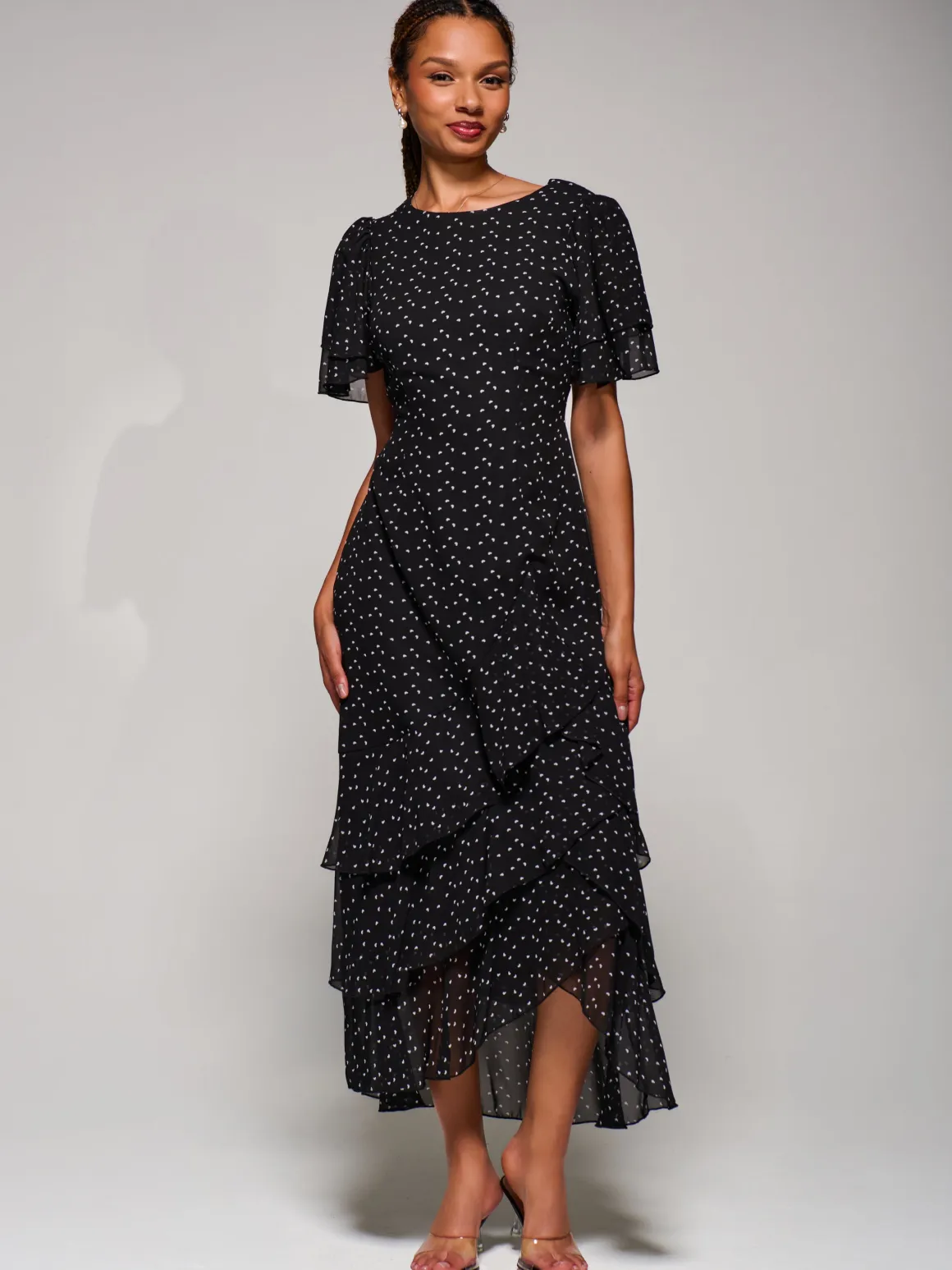 Ruffle Detail Chiffon Midaxi Dress, Black Heart