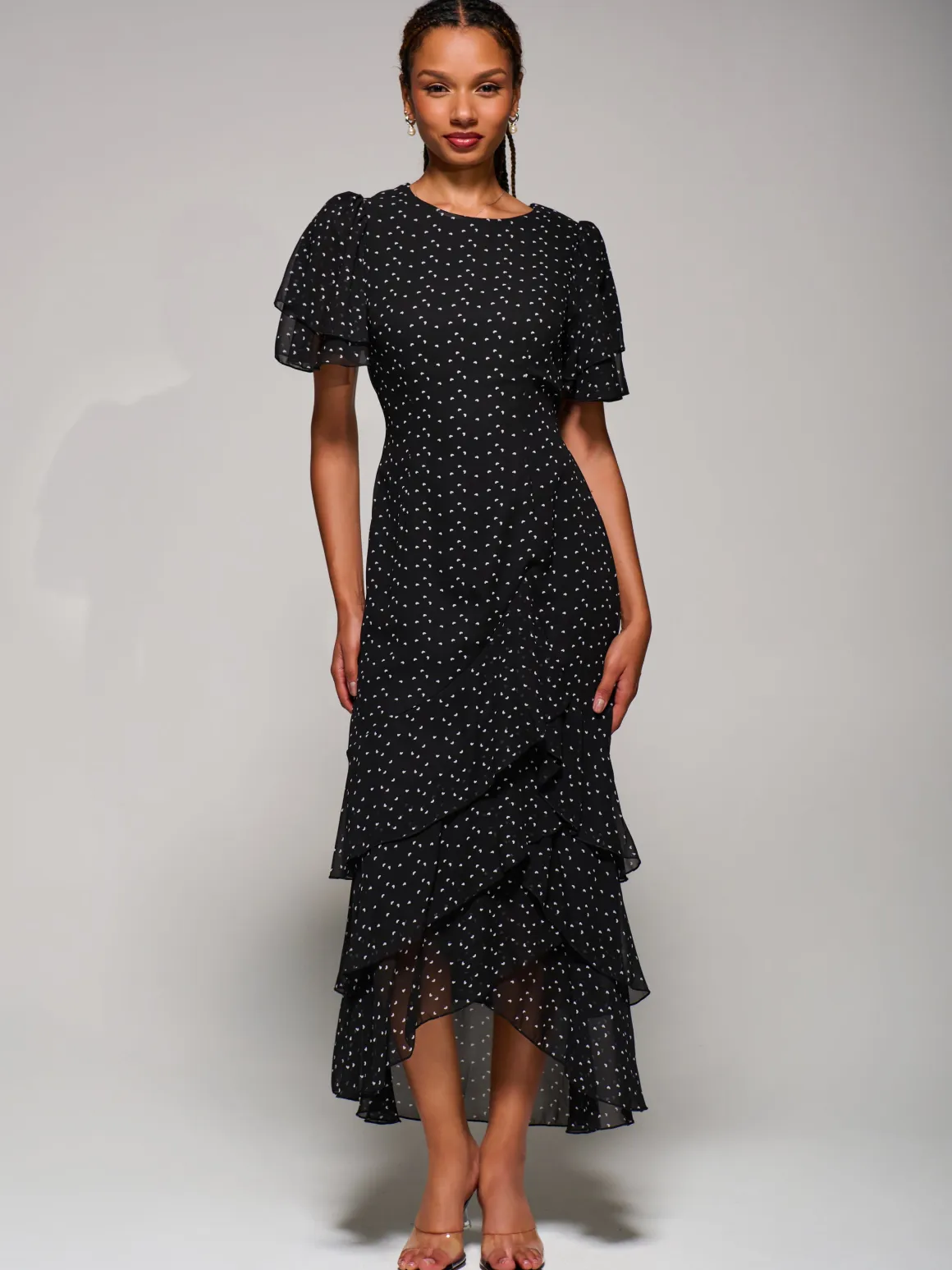 Ruffle Detail Chiffon Midaxi Dress, Black Heart