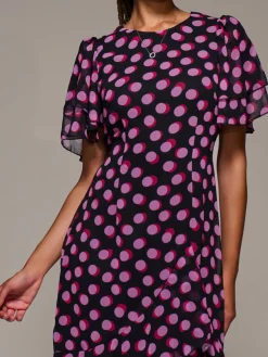 Ruffle Detail Chiffon Midaxi Dress, Black Spot