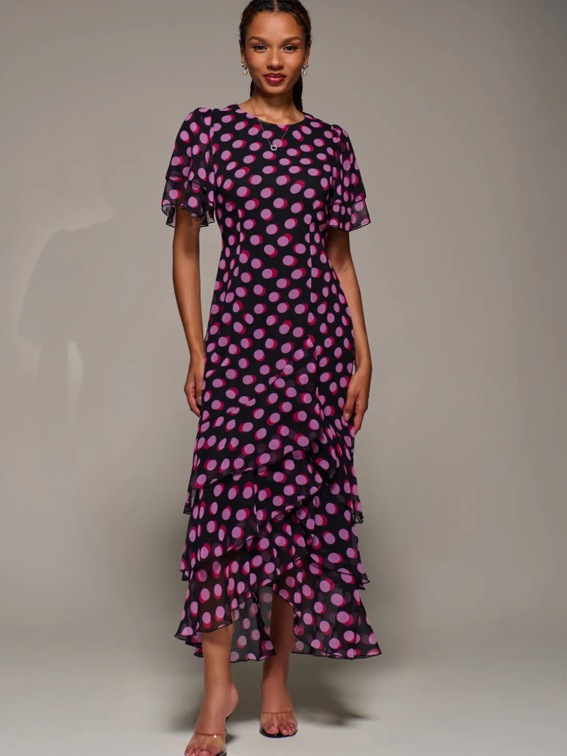 Ruffle Detail Chiffon Midaxi Dress, Black Spot