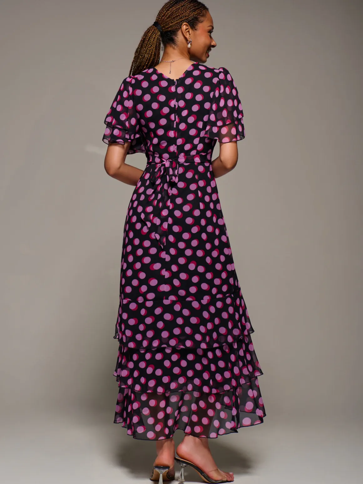 Ruffle Detail Chiffon Midaxi Dress, Black Spot