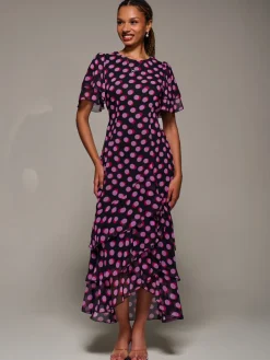 Ruffle Detail Chiffon Midaxi Dress, Black Spot