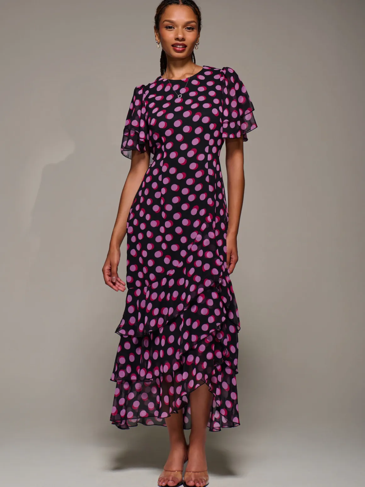 Ruffle Detail Chiffon Midaxi Dress, Black Spot