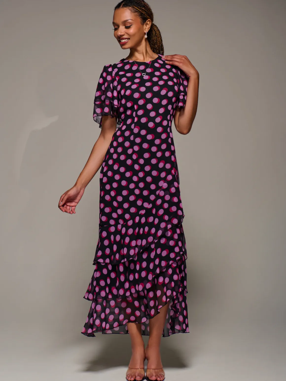 Ruffle Detail Chiffon Midaxi Dress, Black Spot