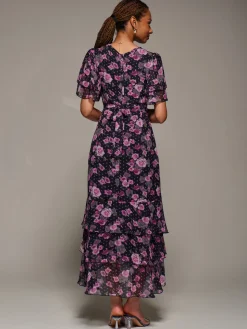 Ruffle Detail Chiffon Midaxi Dress, Navy Floral