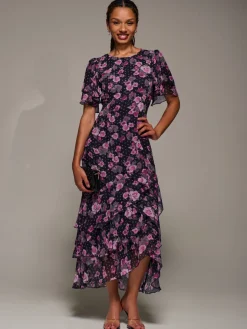 Ruffle Detail Chiffon Midaxi Dress, Navy Floral