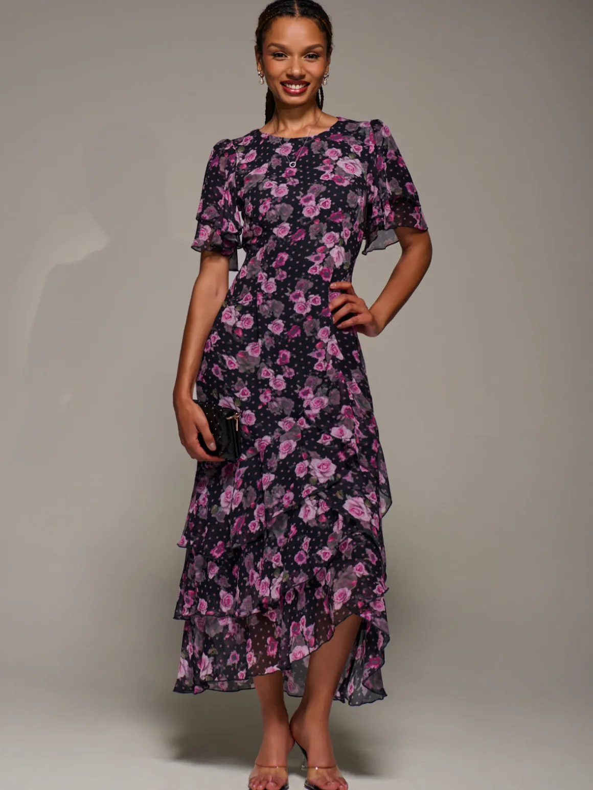 Ruffle Detail Chiffon Midaxi Dress, Navy Floral
