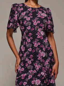 Ruffle Detail Chiffon Midaxi Dress, Navy Floral
