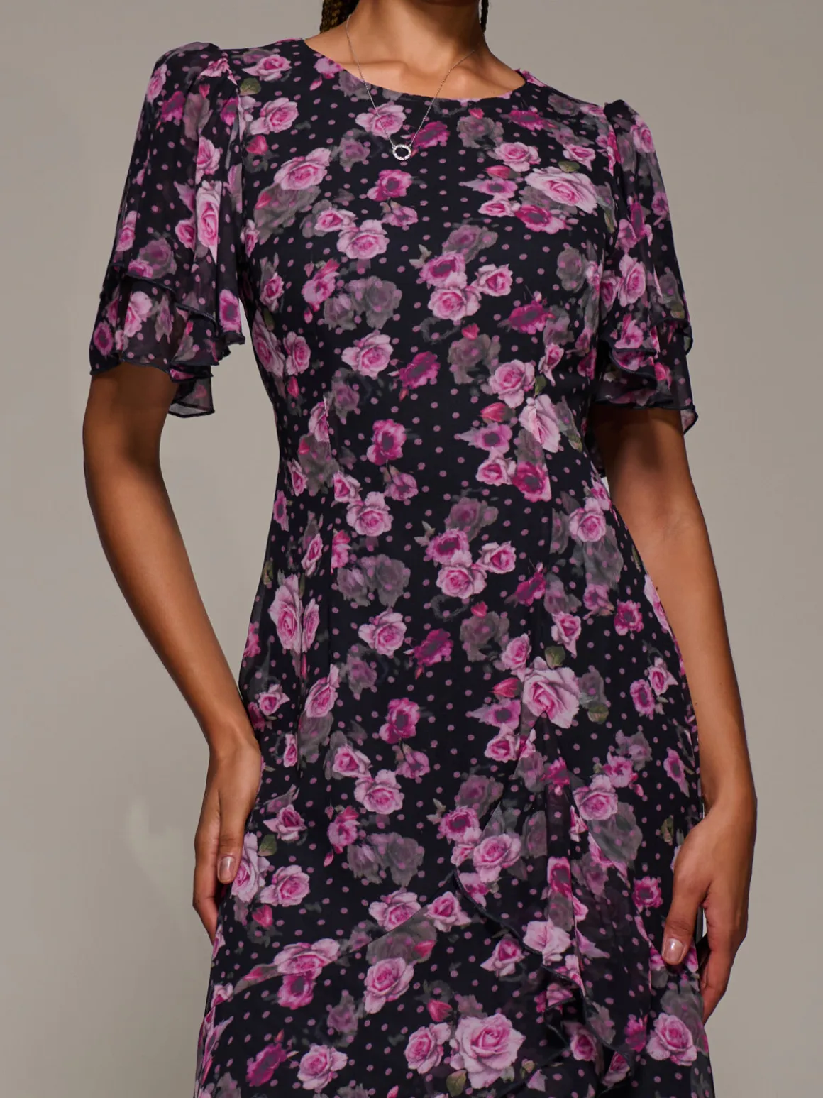 Ruffle Detail Chiffon Midaxi Dress, Navy Floral