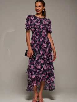 Ruffle Detail Chiffon Midaxi Dress, Navy Floral