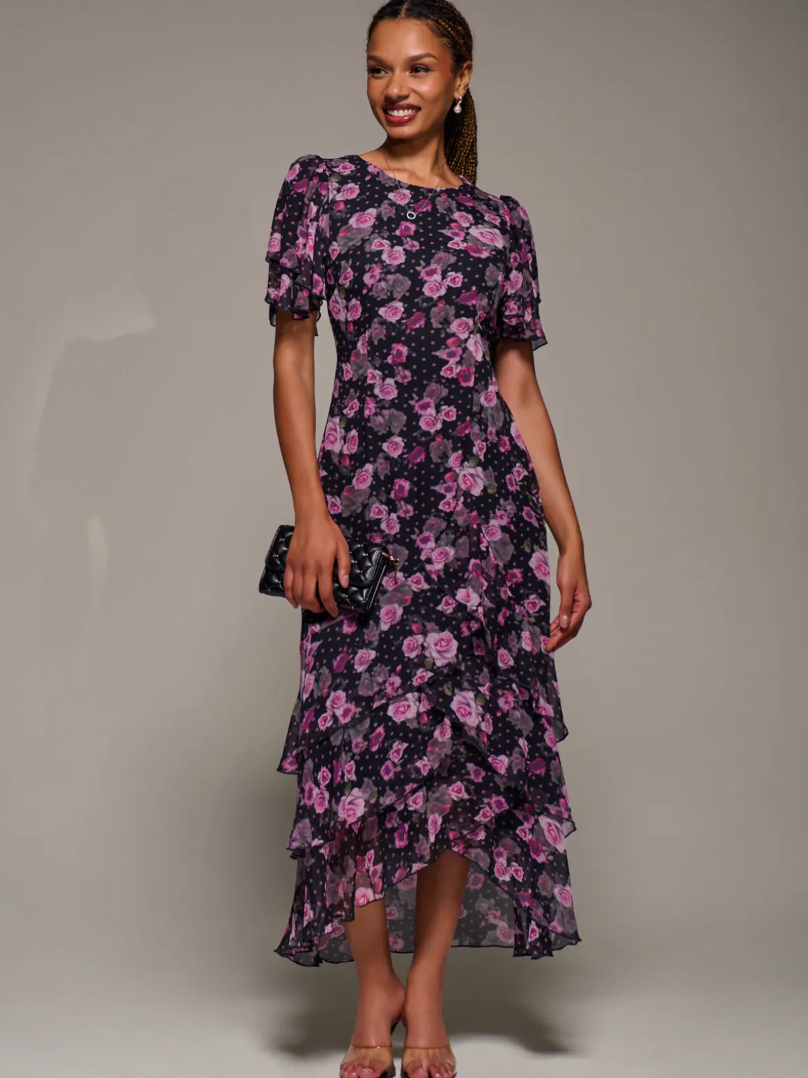 Ruffle Detail Chiffon Midaxi Dress, Navy Floral