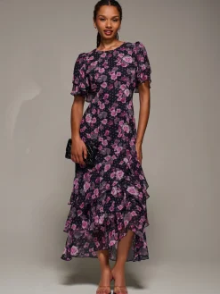 Ruffle Detail Chiffon Midaxi Dress, Navy Floral