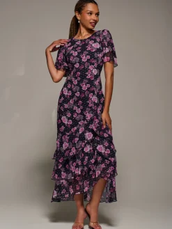 Ruffle Detail Chiffon Midaxi Dress, Navy Floral
